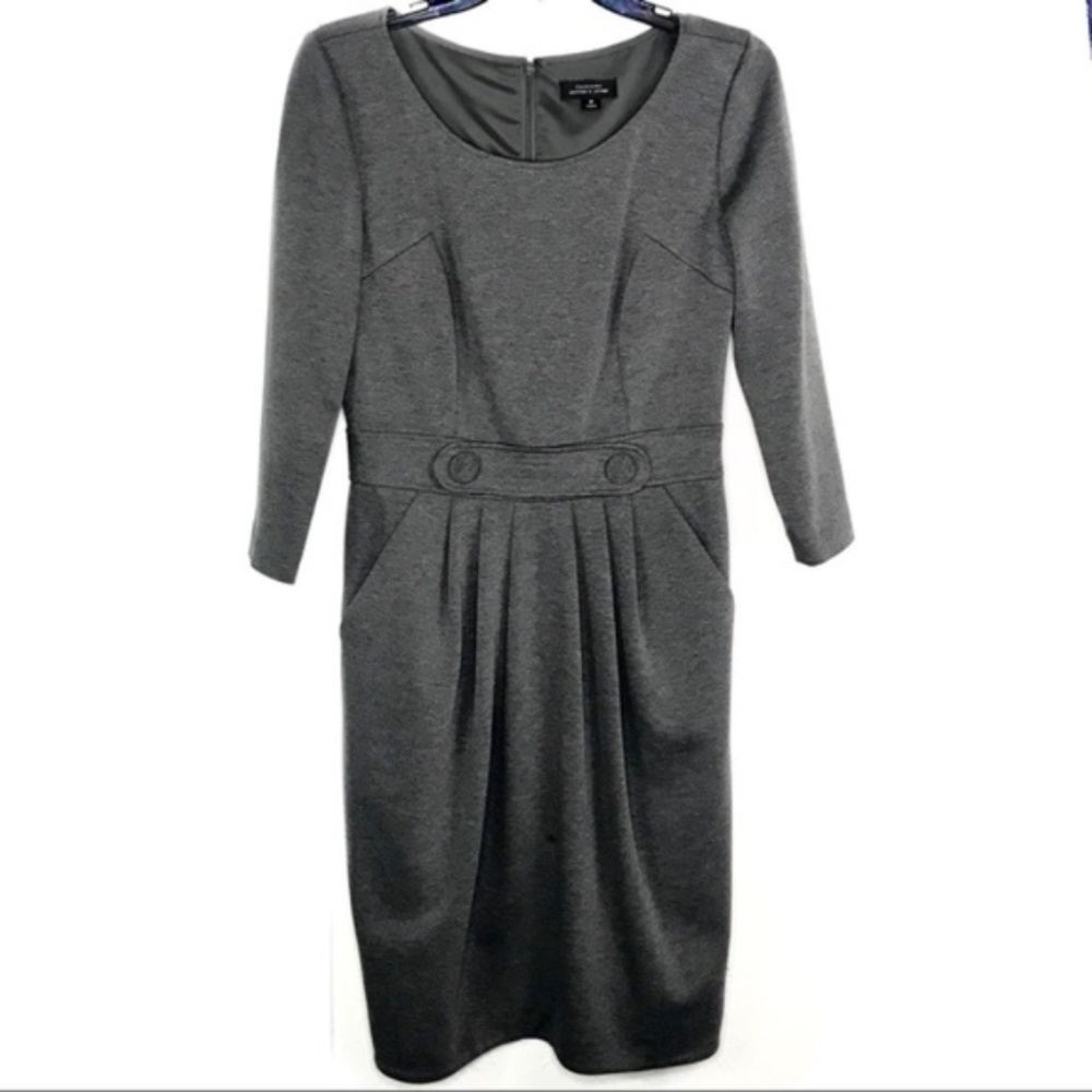 Tahari | gray pleated dress double pocket